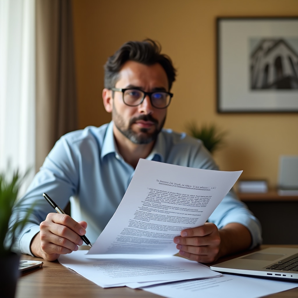 Property owner reviewing rental lease documents at a desk in a professional office setting