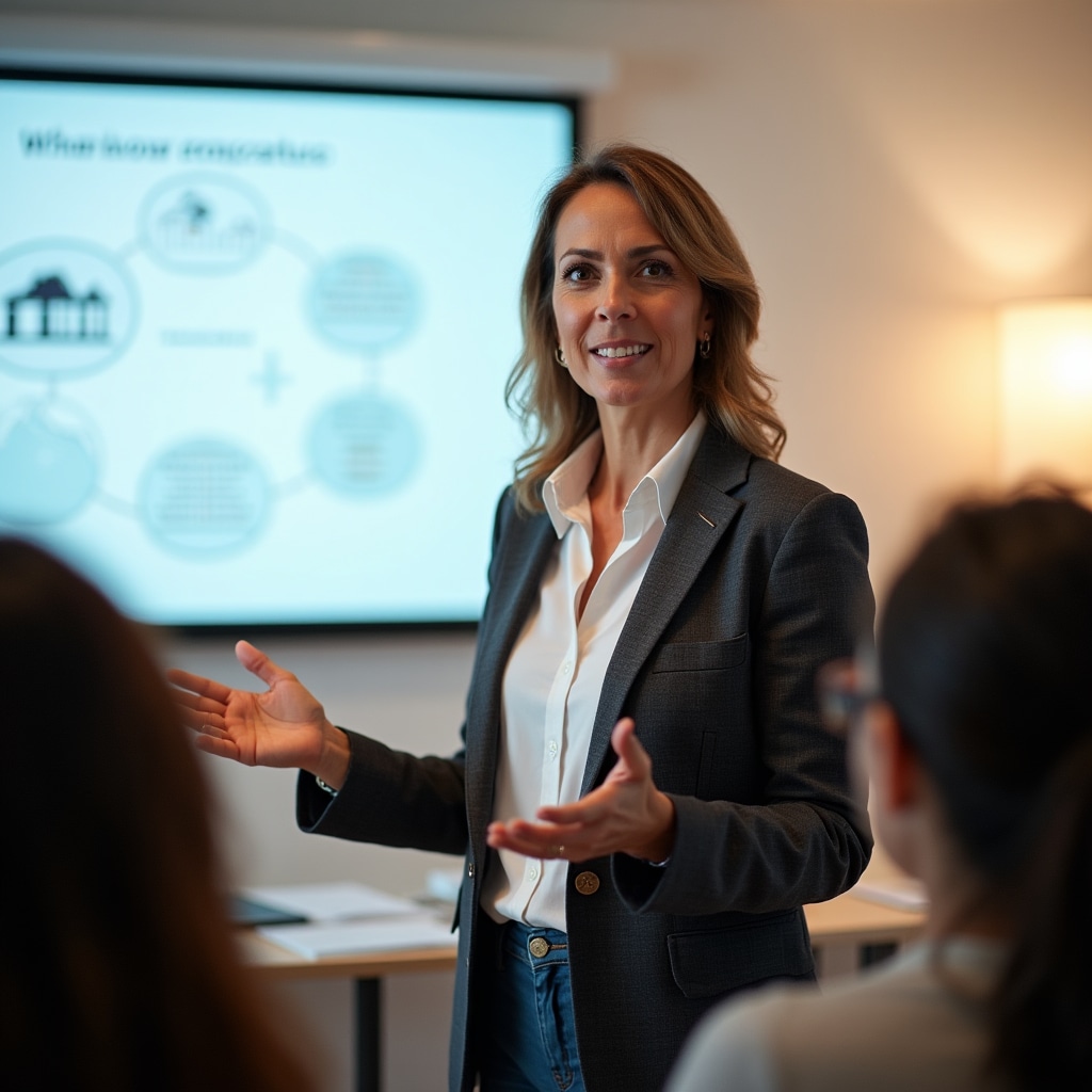 Workshop facilitator presenting Portuguese rental law content to a small group of landlords in Porto