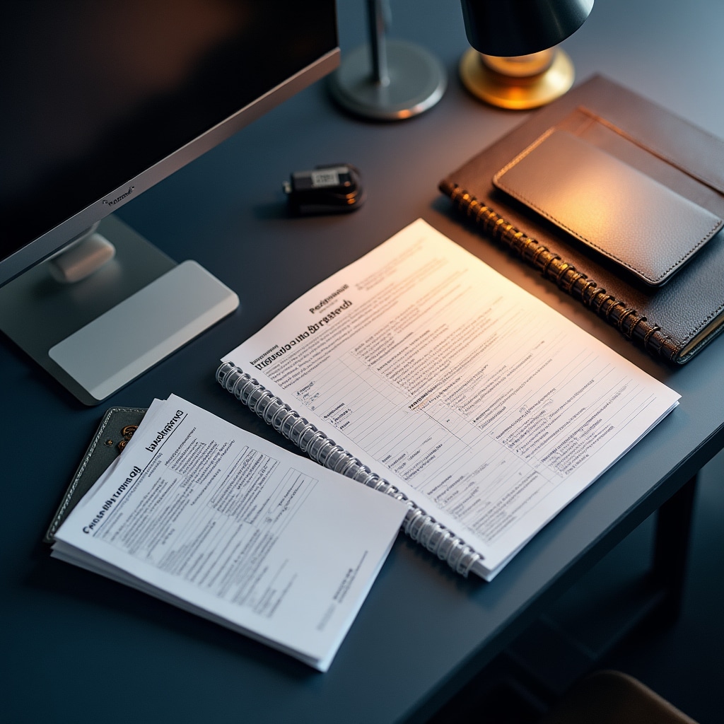 Organised reference materials, checklists and legal guides spread on a clean desk